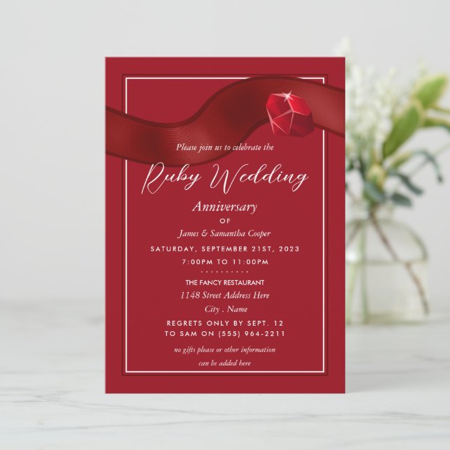 Convites Ruby Ribbon, 40 Anos de Aniversário de Casamento (Em pé/Frente)