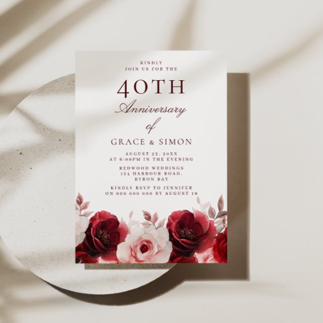 Convites Ruby Rosa vermelha 40º Aniversário de Casamento (Criador carregado)