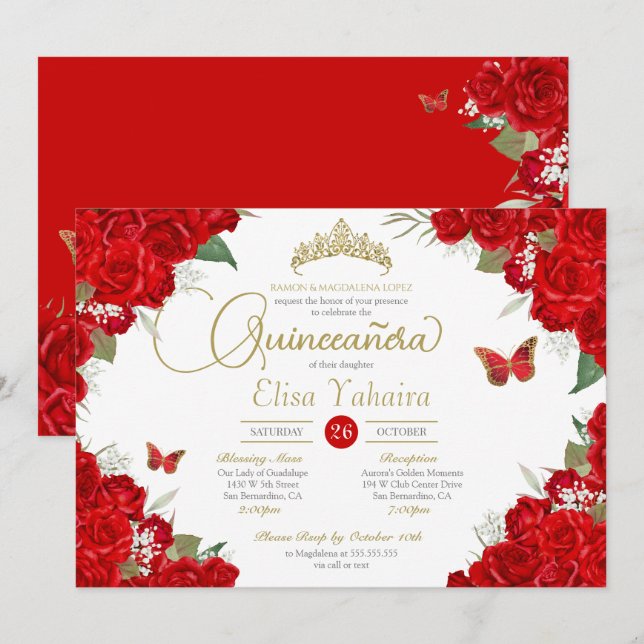 Convites Ruby Rosa vermelha Floral Tiara Butterfly Quincean (Frente/Verso)