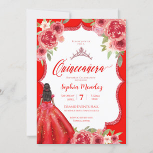 Convites Ruby Rosa vermelha Floral Watercolor Quinceañera