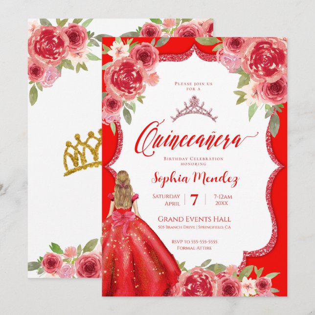 Convites Ruby Rosa vermelha Floral Watercolor Quinceañera (Frente/Verso)