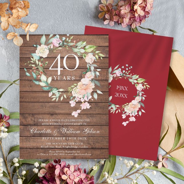 Convites Ruby Wedding Anniversário Rustic Wood Floral (40th Ruby Wedding Anniversary Rustic Wood Floral Invitation)