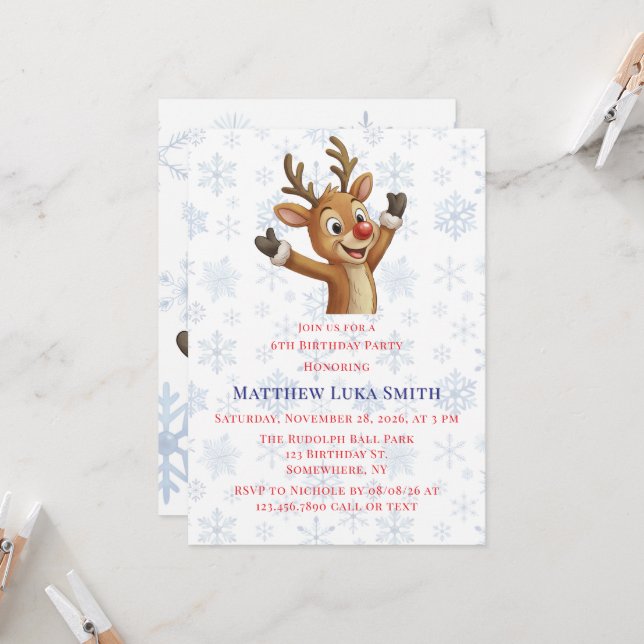 Convites Rudolph with Blue Snowflakes Birthday Bash (Frente/Verso In Situ)