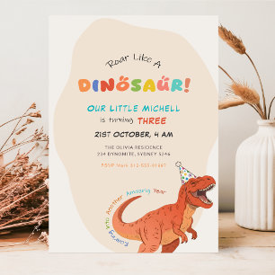 Convites Ruge Como um Dinossauro Aquarela T-Rex 3º Aniversá