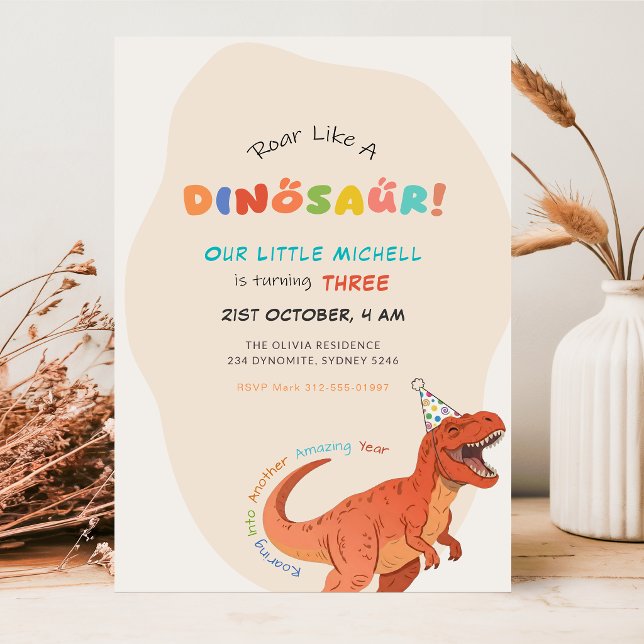 Convites Ruge Como um Dinossauro Aquarela T-Rex 3º Aniversá (Criador carregado)