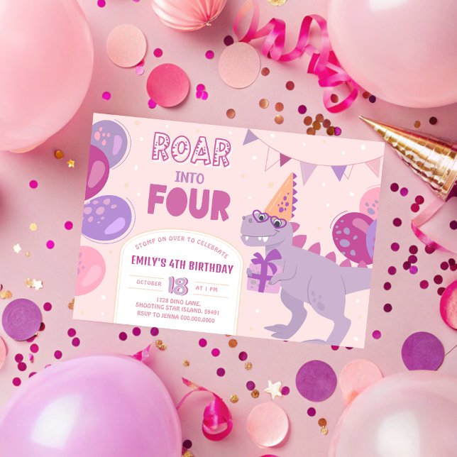 Convites Ruge em 4 Convites. Garota Dinossauro 4º (Roar Into 4 Invitations. Dinosaur Girl 4th Invitation
)