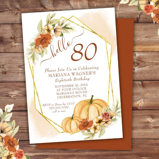 Convites Rush Watercolor Fall Pumpkin 80 Aniversário (Criador carregado)