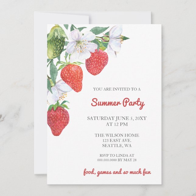 Convites Rush Watercolor Strawberry Summer Party (Frente)