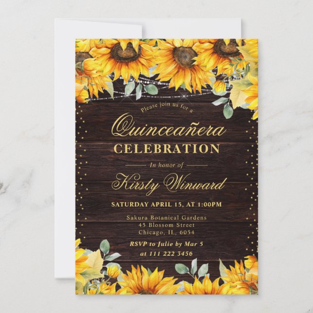 Convites Russ Watercolor Sunflower Quinceanera (Frente)