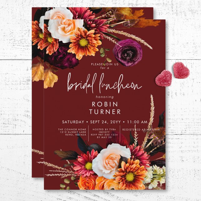 Convites Russet Dark Boho Floral Rust Bridal Luncheon (Dark Russet Boho Floral Rust Bridal Luncheon Invitation)