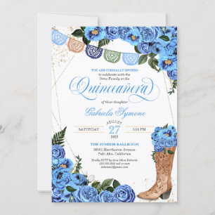 Convites Russo Blue Country Boots Charra Quinceañera