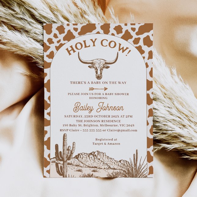 Convites Russo Boho Cow Impressão Santa Chá de fraldas (Holy Cow Baby Shower Invitation, Brown Cow Print, Western Desert, Longhorn Cow, Cow Themed Shower)