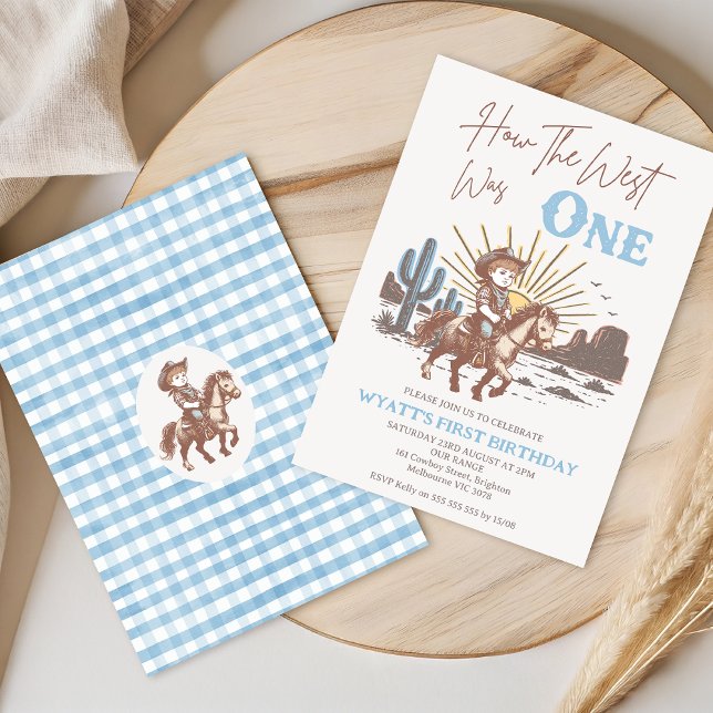 Convites Russo Brown Blue Como O Oeste Era Um primeiro aniv (Little Cowboy How The West was One 1st Birthday Invitation Template, Western 1st Birthday Invitation)