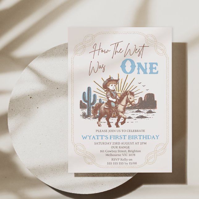 Convites Russo Brown Frame Como O Ocidente Era Um primeiro  (How the West Was One Birthday Invitation Printable, Western Cowboy 1st Birthday Invitation Template)