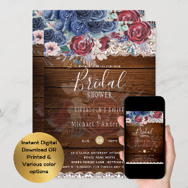 Convites Russo Burgundy Blue Floral Chá de panela Digital