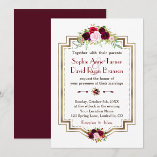 Convites Russo Burgundy Marsala Casamento outono Dourado Fl