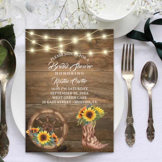 Convites Russo Cowboy Boot Sunflower Western Chá de panela (Rustic Cowboy Boot Sunflower Western Bridal Shower Invitation)
