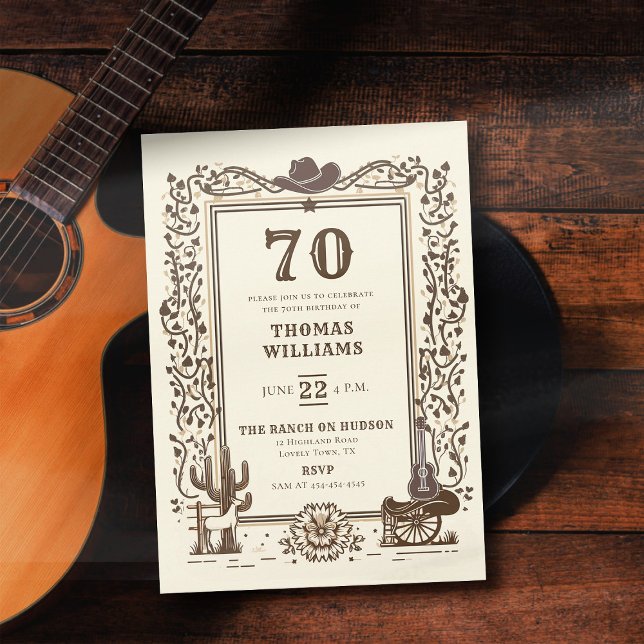 Convites Russo Cowboy País Frame Ocidental 70 Aniversário (birthday invitation for men country western barn backyard rustic elegant botanical cactus horse)
