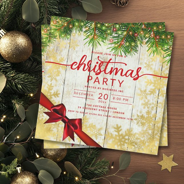 Convites Russo Dourado Snow & Pine Lights Company Xmas Ribb (Rustic Gold Snow & Pine Lights Company Xmas Ribbon Invitation)