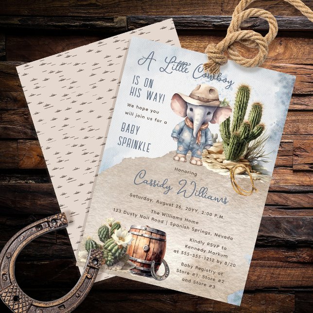 Convites Russo Elefante Ocidental Cowboy Nenê Sprinkle (Rustic Western Elephant Cowboy Boy Baby Sprinkle Invitation)