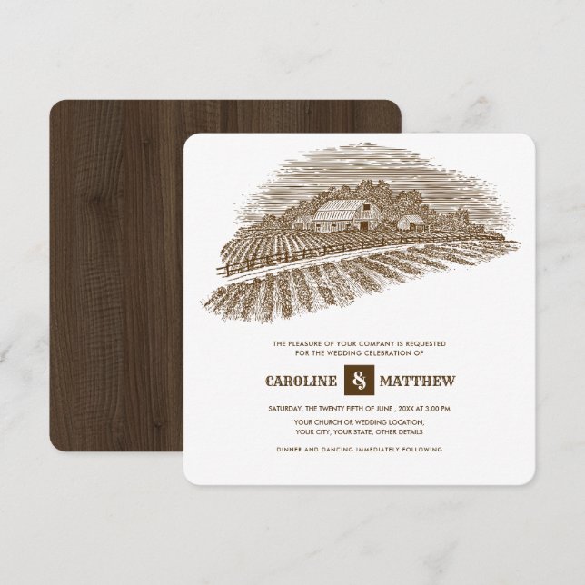 Convites Russo | FAZENDA | Casamento de madeira de barn (Frente/Verso)