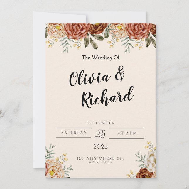 Convites Russo Floral Vermelho Rosa Elegante E Casamento Ch (Frente)