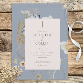 Convites Russo Flores Selvagens Monograma Dusty Blue