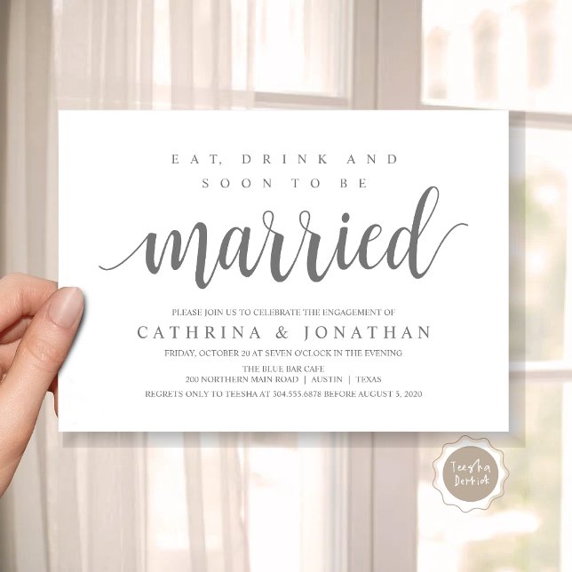 Convites Russo Moderno, Celebração Festa de noivado Invita (Modern Wedding Engagement Party Invitation Card, Eat, Drink and Soon To Be Married, Dark Grey)