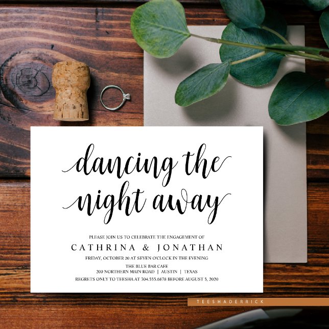 Convites Russo Moderno, Escrita Negra, Festa de noivado (Dancing The Night Away, Modern Rustic, Engagement Dinner and Party Invitation Cards)