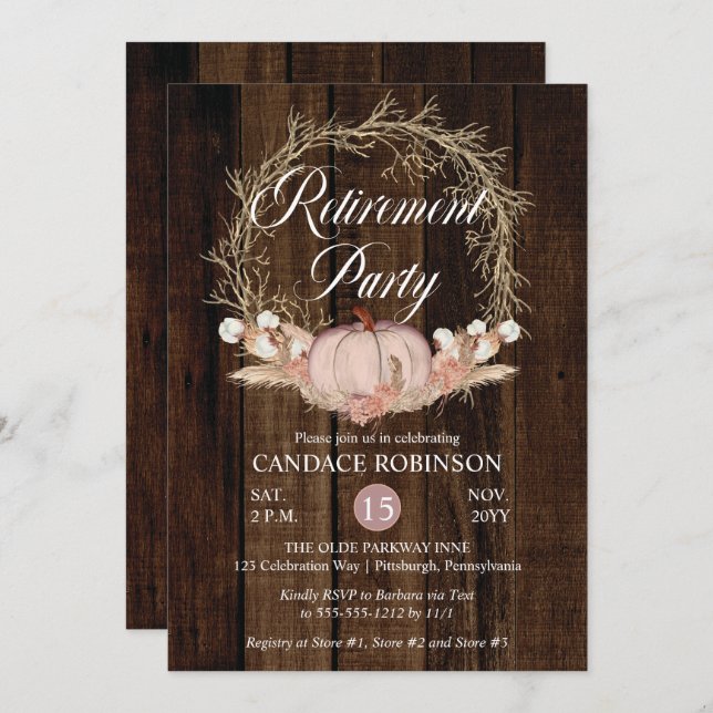 Convites Russo Pumpkin Pampas Wreath Retirement Party (Frente/Verso)