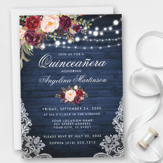 Convites Russo Quinceanera Azul Madeira Borgonha Floral