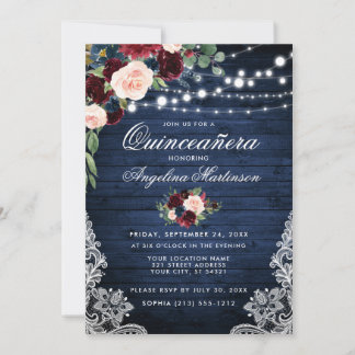 Convites Russo Quinceanera Madeira Borgonha Azul Floral