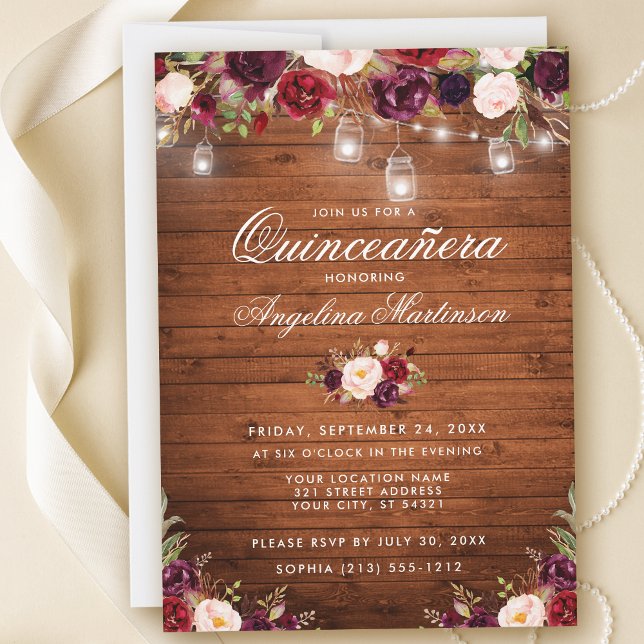 Convites Russo Quinceanera Wood Jar Luzes Borgonha Floral (Customize to add more text or photos to back of card.)