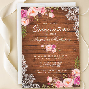Convites Russo Quinceanera Wood Lace Pink Floral