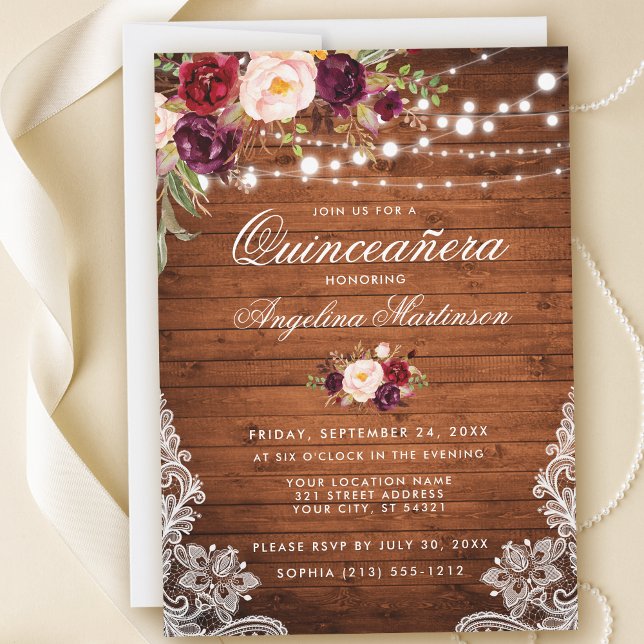 Convites Russo Quinceanera Wood Lights Lace Floral (Customize to add more text or photos to back of card.)