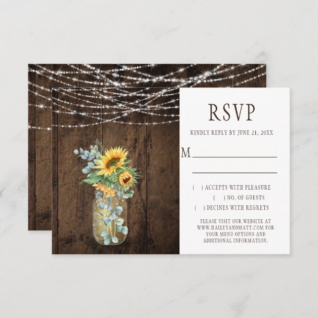 Convites Russo String Luz Sunflower Mason Jars RSVP (Frente/Verso)