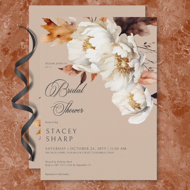 Convites Russo Tan & Cream Fall Floral & Chá (Rustic Tan & Cream Fall Floral & Leaves Shower Invitation)