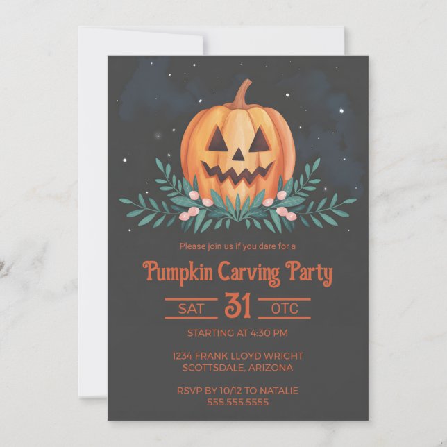 Convites Russo Watercolor Pumpkin Carving Party Halloween (Frente)