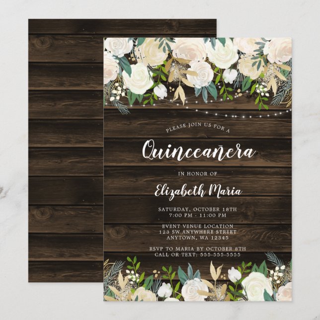 Convites Russo White Floral String Luz Quinceanera (Frente/Verso)