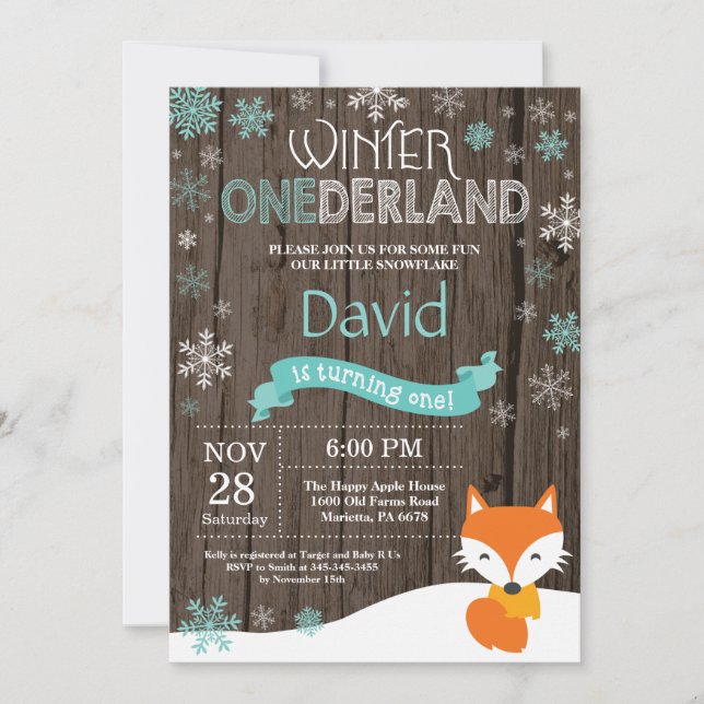 Convites Russo Winter Onederland Fox primeiro aniversario (Frente)