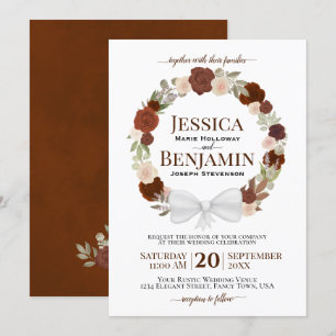 Convites Rust Orange Floral Wreath Elegant Boho Wedding