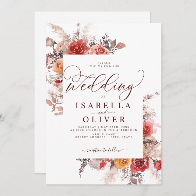 Convites Rust Red Burnt Orange BohoTerracotta Wedding Invit (Frente/Verso)