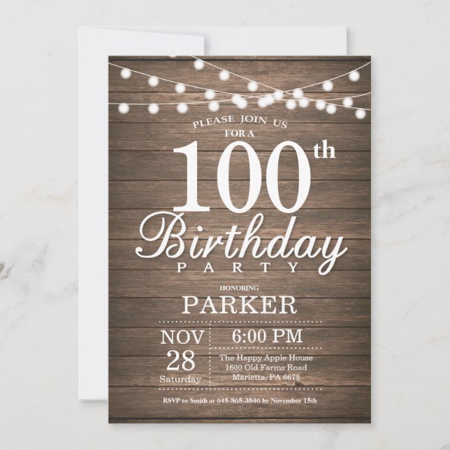Convites Rustic 100th Birthday Invitation String Lights (Frente)