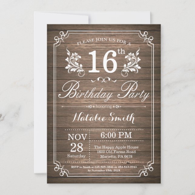 Convites Rustic 16th Birthday Invitation Floral (Frente)