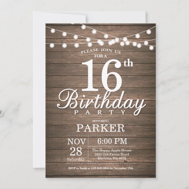 Convites Rustic 16th Birthday Invitation String Lights Wood (Frente)