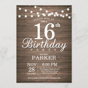 Convites Rustic 16th Birthday Invitation String Lights Wood