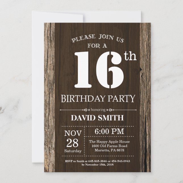 Convites Rustic 16th Birthday Invitation Vintage Wood (Frente)