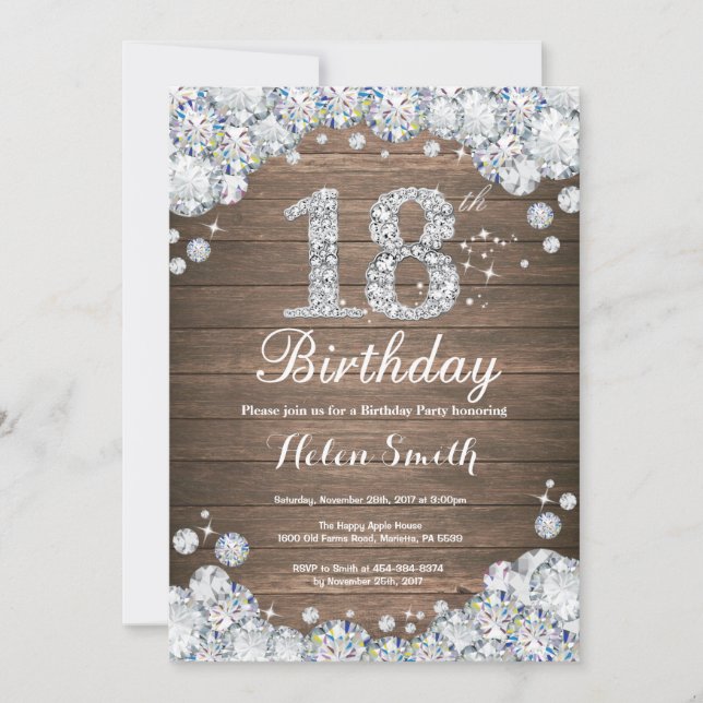 Convites Rustic 18th Birthday Silver Diamond (Frente)