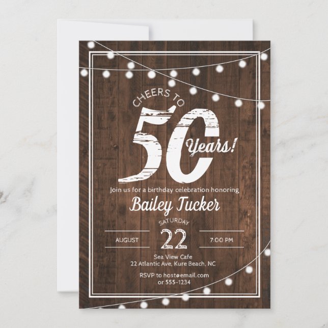 Convites Rustic 50th Birthday com String Lights Party (Frente)