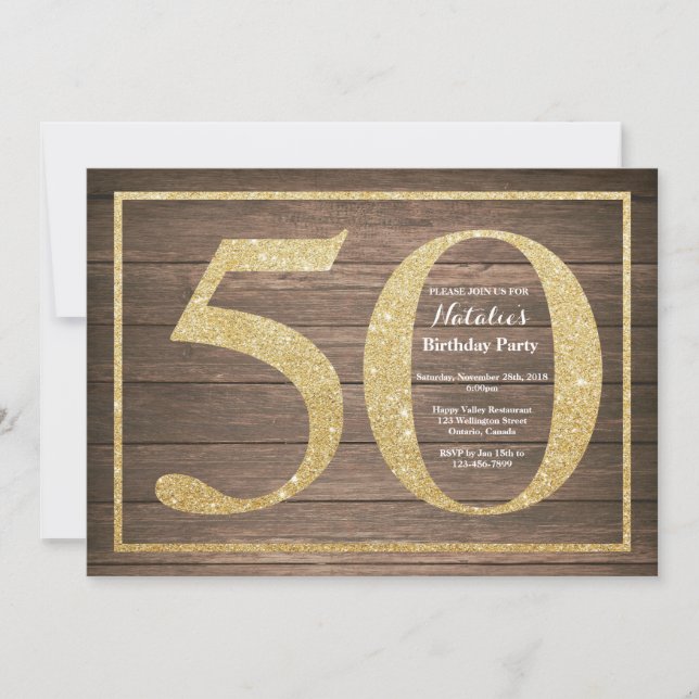 Convites Rustic 50th Birthday Invitation Glitter Dourado (Frente)